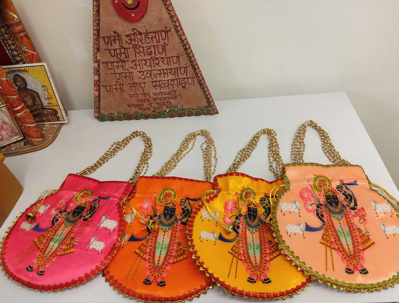 110 Rs each on buying 🏷in bulk | Call 📞 at 8619550223 Women's Potli Bag LAMANSH® Shreenath ji 🙏 potli bags for janmashthami giveaways | Shrinath ji potli bags for return gifting in Wedding ,Puja & Festivals