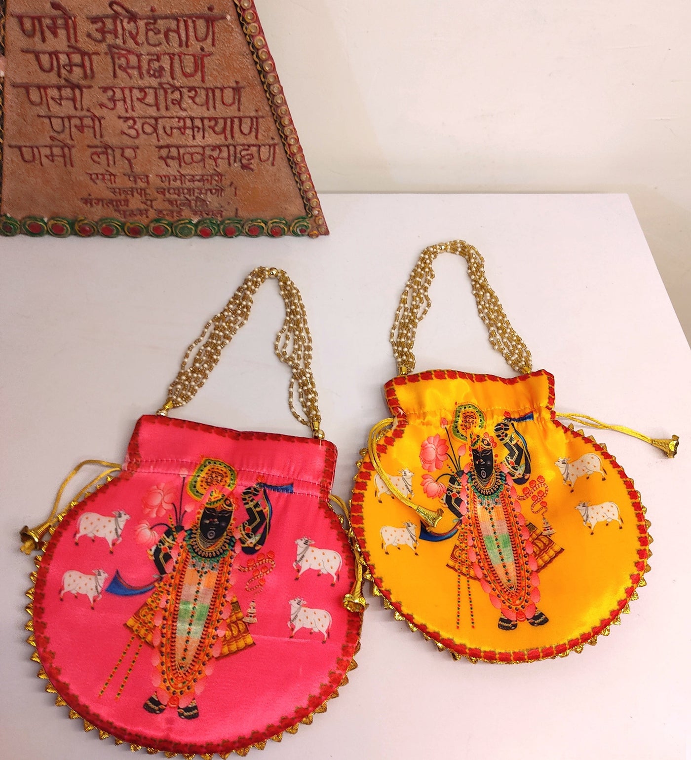 110 Rs each on buying 🏷in bulk | Call 📞 at 8619550223 Women's Potli Bag LAMANSH® Shreenath ji 🙏 potli bags for janmashthami giveaways | Shrinath ji potli bags for return gifting in Wedding ,Puja & Festivals