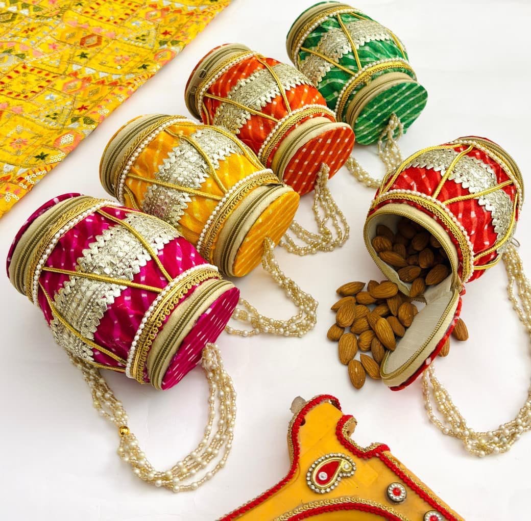 120 Rs each on buying 35+ pcs / WhatsApp at 8619550223 to order 🔥 Women's Potli Bag Dholak designer potli bags for wedding favours 🎁 / Double side opening potli bags for bridesmaids giveaways in haldi Mehendi ceremony