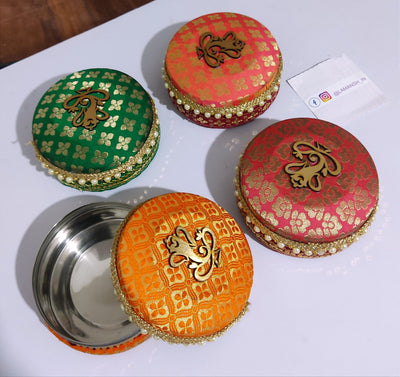 120 Rs each on Purchasing 75 qty 📱at 8619550223 steel gift box Pack of 50 Festive Gift Boxes (5 inch) Stainless Steel Designer Ladoo Box for Return Gifting 🎁 | Gift Boxes with Ganeshji mdf cutout for Wedding Pooja Return Gifting & Favours