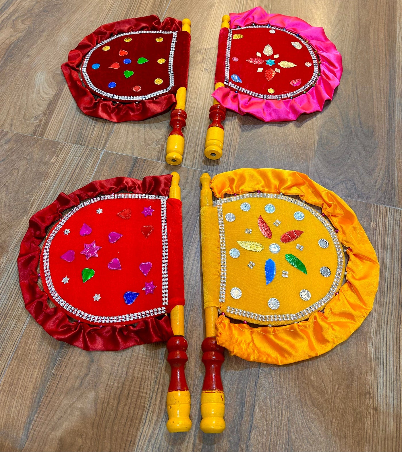 125 Rs each on buying 50+ pcs / WhatsApp at 8619550223 Decorative Velvet Cloth Hand Made Beautiful &Traditional Yellow Color Hand Fan with Wooden Handle Work for Cool Air Home Decor & Travel use / Ideal for wedding and event decoration