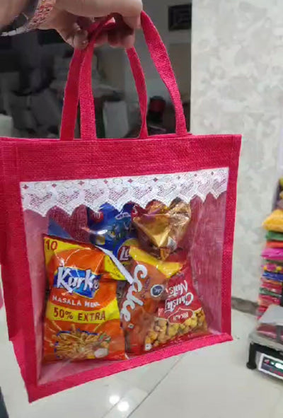 130 Rs each on buying 🏷in bulk (50+qty) Call 📞 at 8619550223 jute gift bags LAMANSH Transparent Fancy Jute bags for wedding return gifts 🎁 | 12*12*4 inch size (video attached)