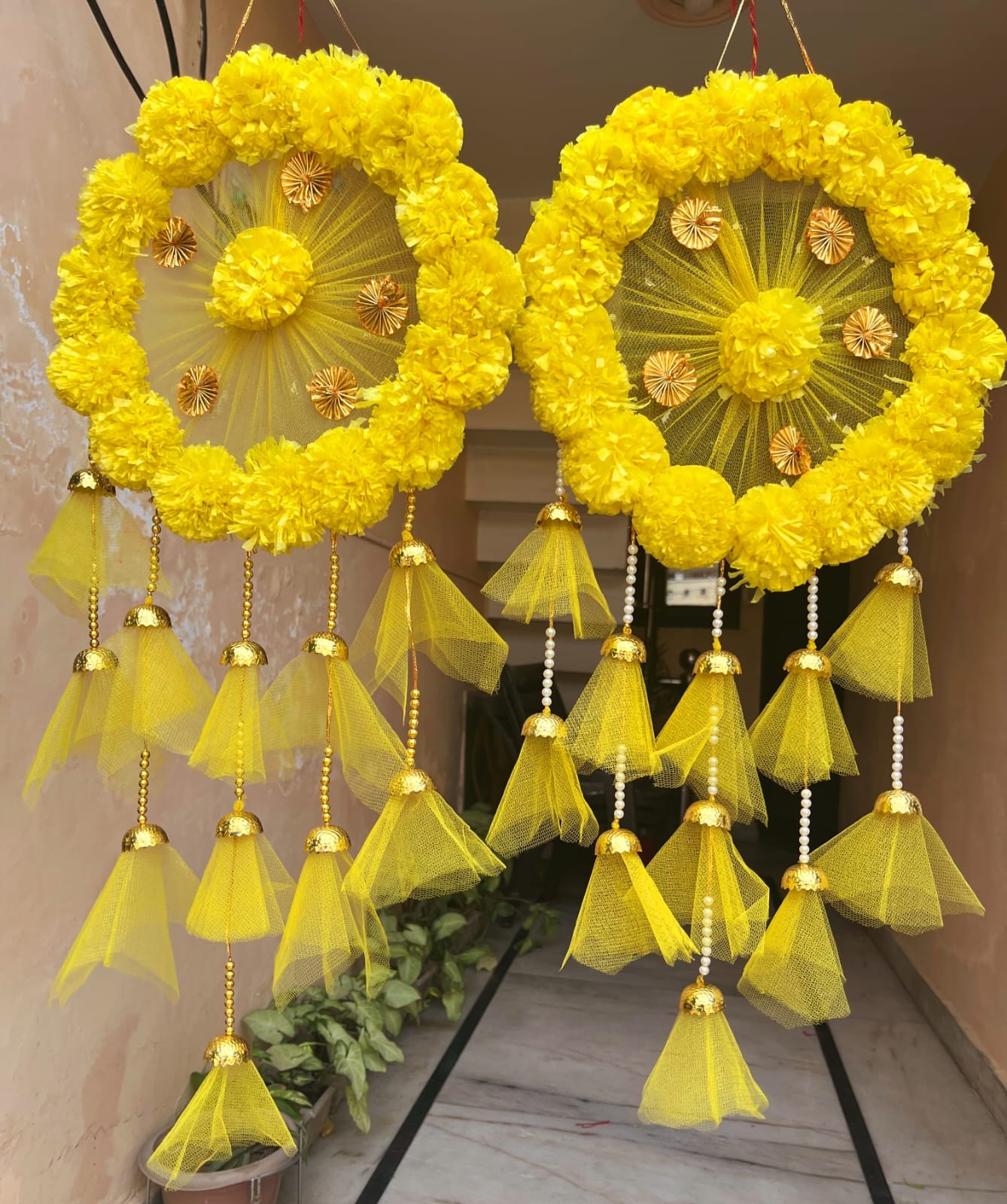140 Rs each🏷in bulk genda net hanging LAMANSH® Decorative Marigold Flowers & Net Latkan Hangings for Backdrop decoration