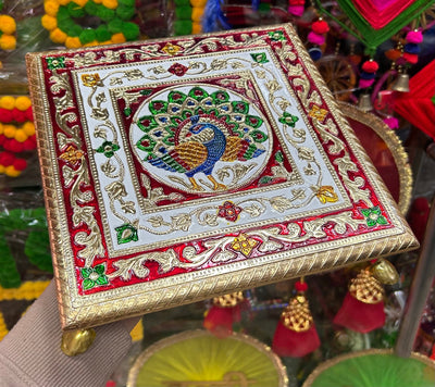 150 Rs each on Purchasing 50+qty |📱at 8619550223 chowki LAMANSH 10*10 inch Meenakari wooden chowki bajot for pooja ceremony | Handmade chowki for festival bhaat & wedding return gifts
