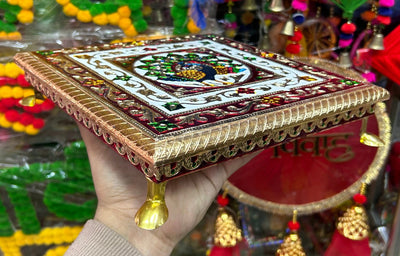 150 Rs each on Purchasing 50+qty |📱at 8619550223 chowki LAMANSH 10*10 inch Meenakari wooden chowki bajot for pooja ceremony | Handmade chowki for festival bhaat & wedding return gifts