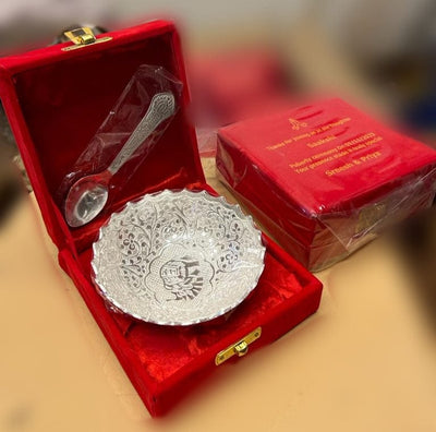 150 Rs each set on buying 🏷50+ sets | Call 📞 at 8619550223 custom print silver bowl sets LAMANSH Customized German Silver plated Bowl and spoon set for wedding return gifts 🎁