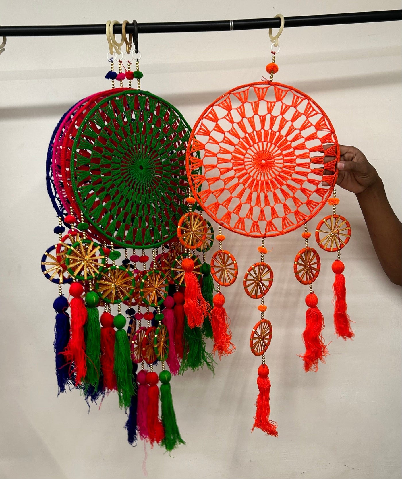 1500 Rs (pack of 10) on buying 3+ packets / WhatsApp at 8619550223 to order gota hangings Wool Dreamcatcher with Gota Hanging Chakri's | Decorative Hangings for Wedding & Event Backdrop (Pack of 10)