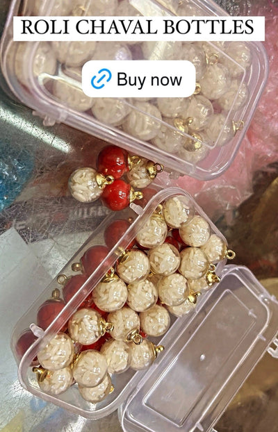 180 rs box on buying 25+ boxes / WhatsApp at 8619550223 to order 🔥 roli chaval basket Pack of 50 Mini Glass bottles filled with Roli chawal combo for Rakhi, Pooja and Shagun (video attached) Kumkum Bottles for Festivals