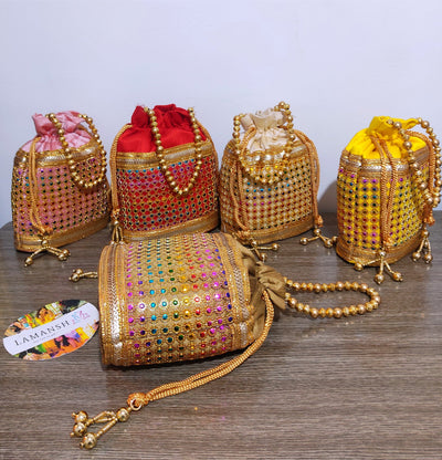 180 Rs each on buying 🏷25+ qty | Call 📞 at 8619550223 Women's Potli Bag LAMANSH® 8*10 inch Designer Potli bags with Golden Moti Handle for Giveaways / Return Gifts 🎁 Favours for guests / wedding favors for guests