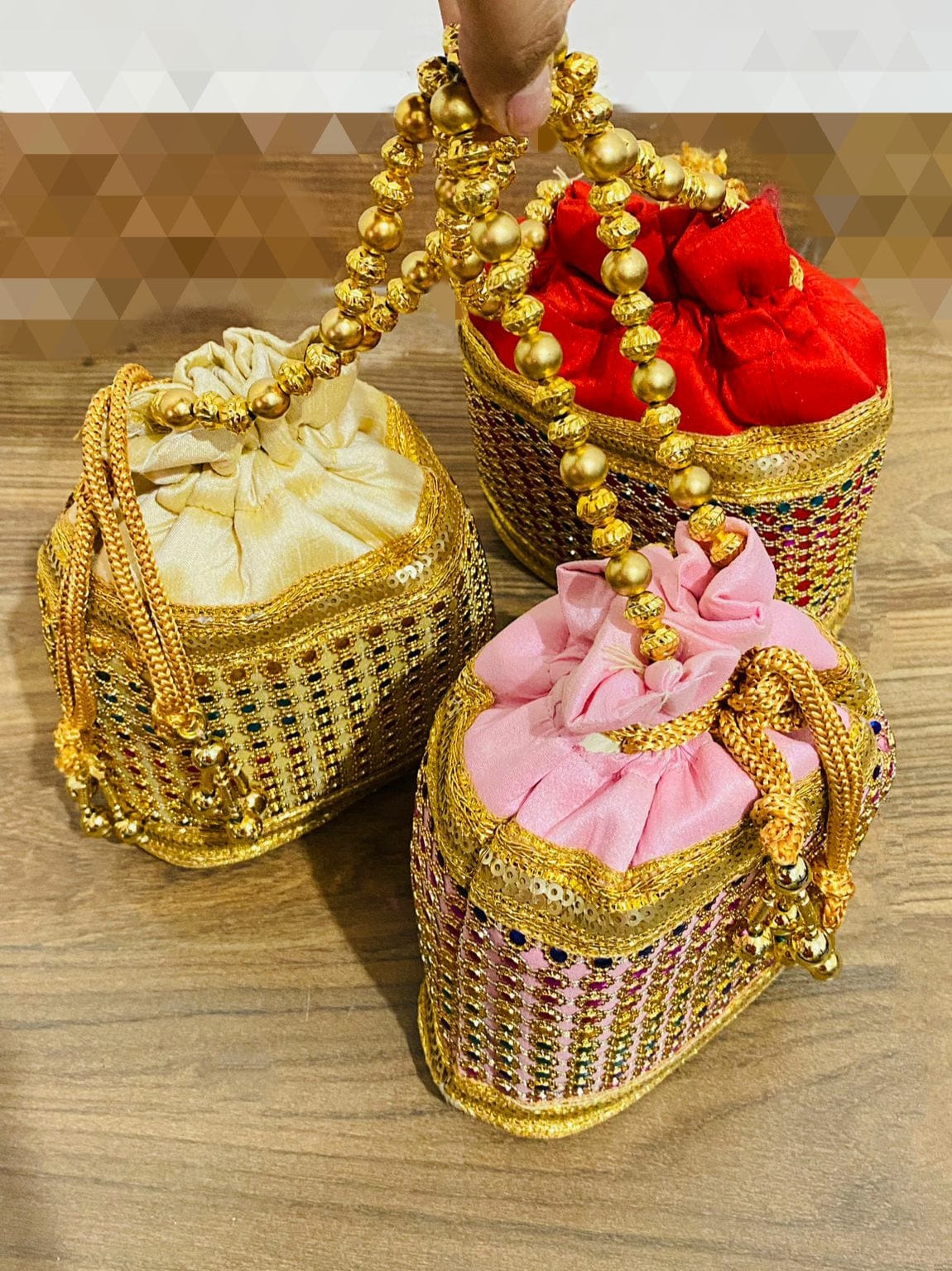 180 Rs each on buying 🏷30+ qty | Call 📞 at 8619550223 Women's Potli Bag LAMANSH® 8*10 inch Designer Potli bags with Golden Moti Handle for Giveaways / Return Gifts 🎁 Favours for guests / wedding favors for guests
