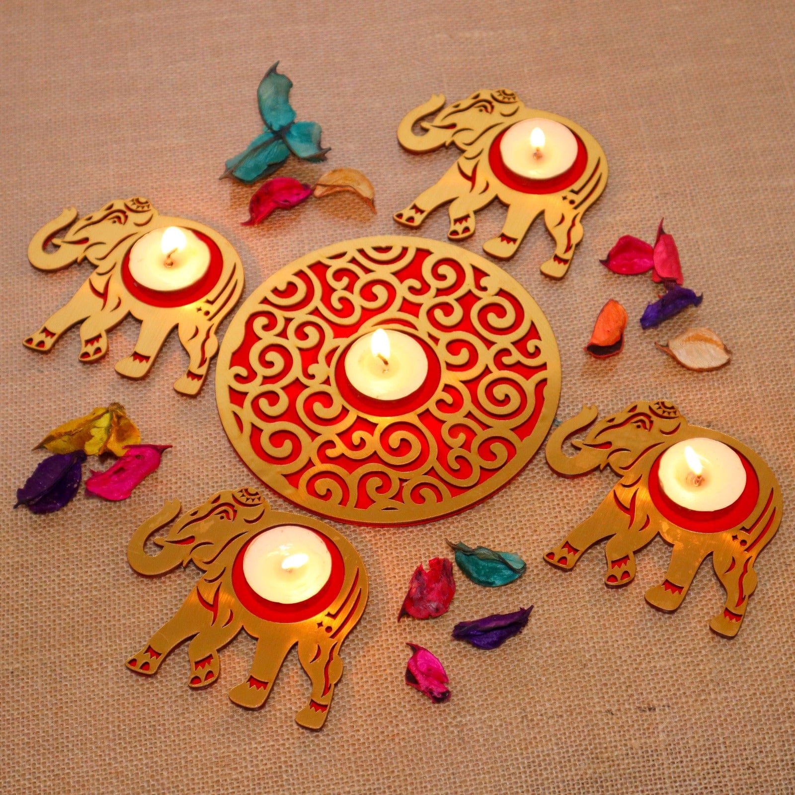 MDF Wooden Elephant Rangoli Set with Tealights, Diwali Festival Decora ...