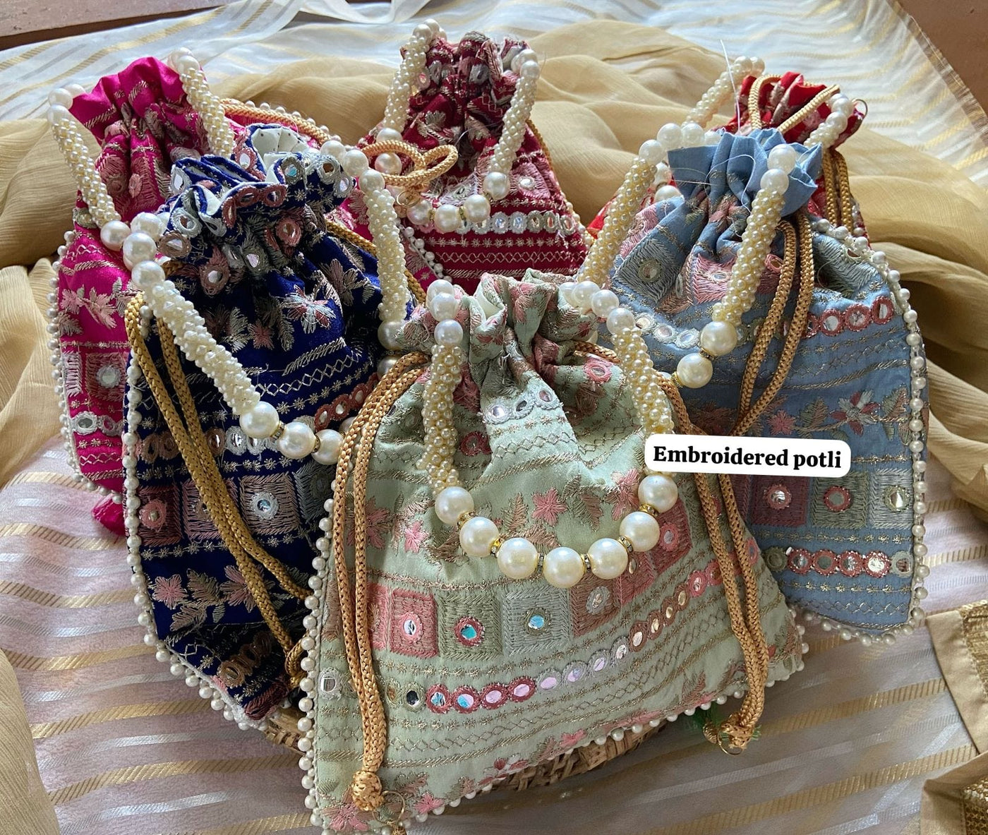 180 RS Per pc ON BUYING 🏷IN BULK Women's Potli Bag LAMANSH Designer Potli bags for wedding return gifts 🎁 / Beautiful Embroidered Potli gift bags for haldi mehendi sangeet favors for bridesmaids