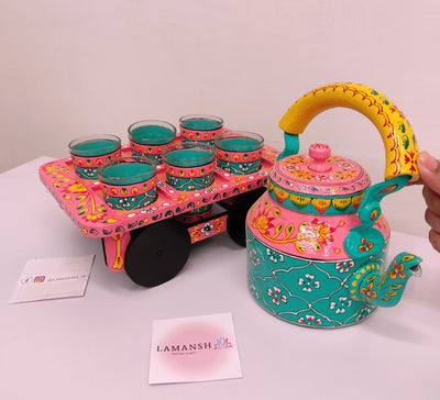1800 Rs each set on buying 🏷minimum 5 sets | Call 📞 at 8619550223 kettle glass set LAMANSH® Rajasthani Style Tea Kettles with 6 Glass Sets and Wooden Cart | Idol for Decor & Return Gifting