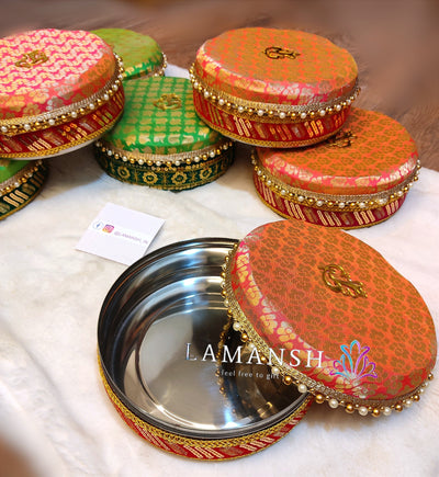 190 Rs per pc on buying 50+ boxes steel gift box LAMANSH® (8 inch) Stainless Steel Designer Ladoo Box for Return Gifting 🎁 | Gift Boxes with Ganeshji mdf cutout for Wedding Pooja Return Gifting & Favours