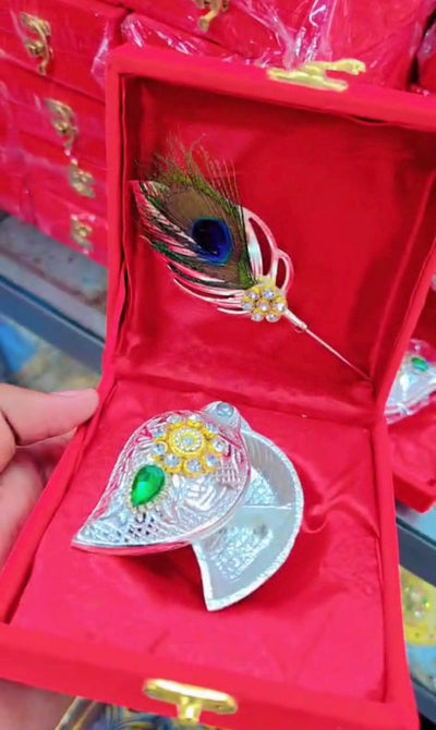 195 rs each on buying 25+ pcs / WhatsApp at 8619550223 to order silver bowl sets 1 German Silver Corporate Gifting Kumkum Puja Box Sindur Box with Tilak Stick Leaf & Peacock Feather|Premium Red Velvet Gift Box for Pooja Chandan Diwali Return Gift
