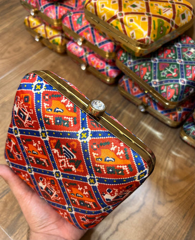 195 Rs each on buying 50+ pcs | WhatsApp at 8619550223 to order purse LAMANSH® 6*6 inch Square Patola Print Metal Hand Clutches for women / Indo western Stylish purse for parties 🎉 & wedding ceremony
