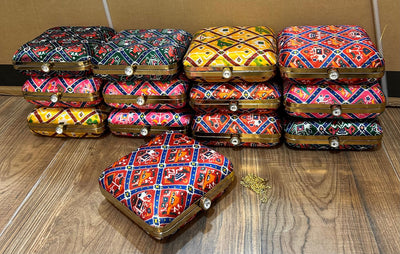195 Rs each on buying 50+ pcs | WhatsApp at 8619550223 to order purse LAMANSH® 6*6 inch Square Patola Print Metal Hand Clutches for women / Indo western Stylish purse for parties 🎉 & wedding ceremony