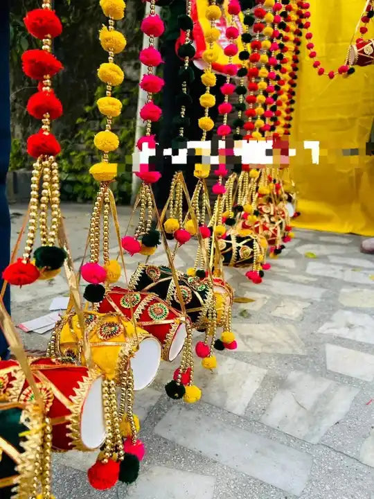 Decorative pom pom hangings with dholak / Indian Wedding Decorative Dholak Decoration Hangings For Diwali navratri festival decor / Ideal for wedding event planners