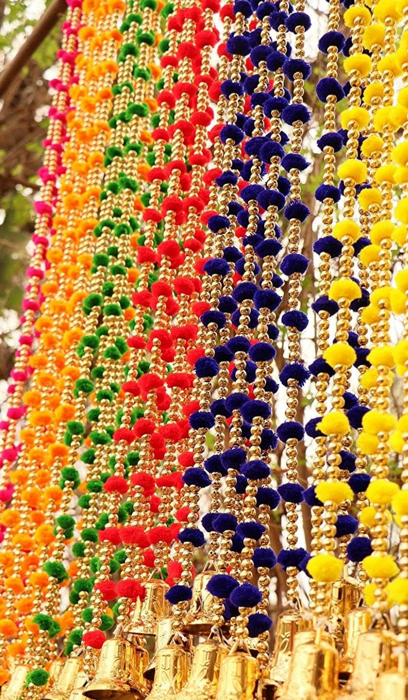 20 RS EACH HANGING ON BUYING 200+ HANGINGS / WHATSAPP AT 8619550223 TO ORDER 🛒 pom pom hangings LAMANSH Pack of 50 Pom pom hangings with bells 🔔 for haldi mehendi wedding decoration