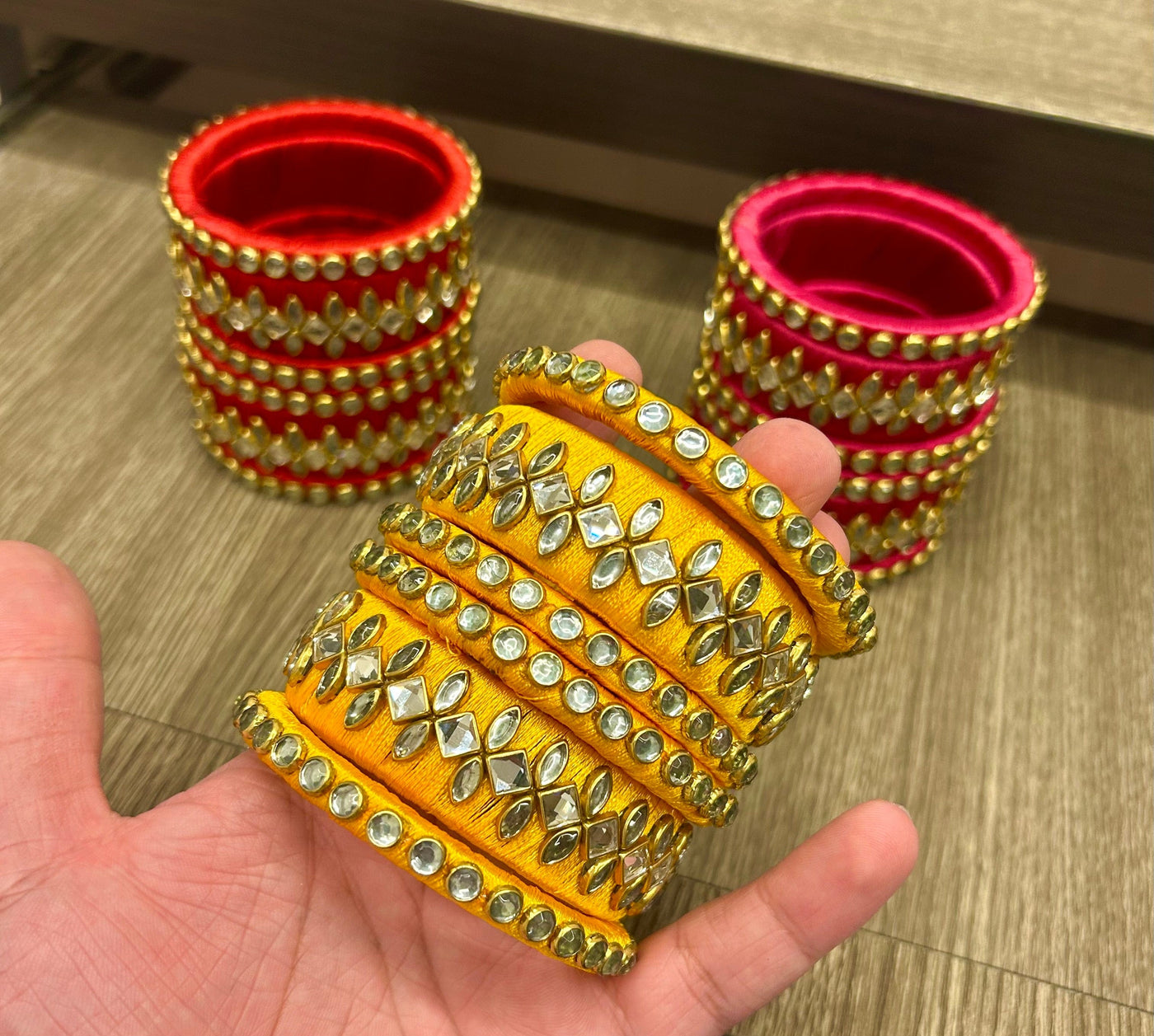 200 rs each set on buying 20+ sets / WhatsApp at 8619550223 to order kundan thread bangles Set of 6 Kundan Bangles for bridesmaids for haldi Mehendi Favours and giveaways 🎁