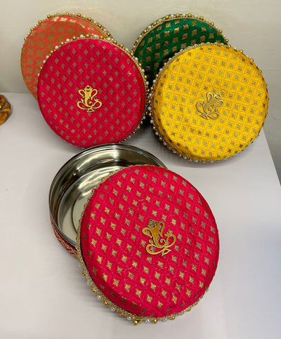 220 rs each on buying 15 pcs / WhatsApp at 8619550223 to order 🔥 steel gift box LAMANSH (8 inch) Stainless Steel Designer Ladoo Box for Return Gifting 🎁 | Gift Boxes with Ganeshji mdf cutout for Wedding Pooja Return Gifting & Favours