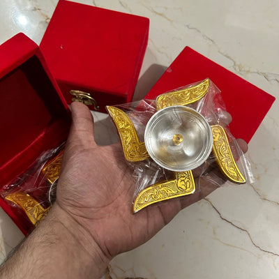 225 Rs set on buying 25 pcs / WhatsApp at 8619550223 to order 🔥 silver bowl sets 1 German silver gold Swastik diya set for festival return gifts 🎁 / Wedding and Navratri return gifts