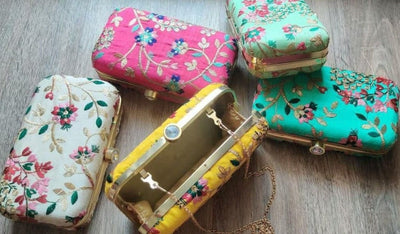 240 Rs each on Purchasing in bulk 📱at 8619550223 metal clutch LAMANSH® Floral 🌸 Embroidered Clutch with hanging chain , Metal Purse Clutches, Wedding Giveaways, Jewellery Box,Shagun Clutch, Wedding Return Gifts