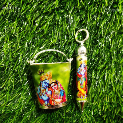 25 Rs each on buying 🏷150+ pcs | Call 📞 at 8619550223 holi platter Mini Radha Krishna ji printed Holi Pichkari set with bucket for Holi 2023 / Ideal for holi decoration and making holi platters fot holi Art craft