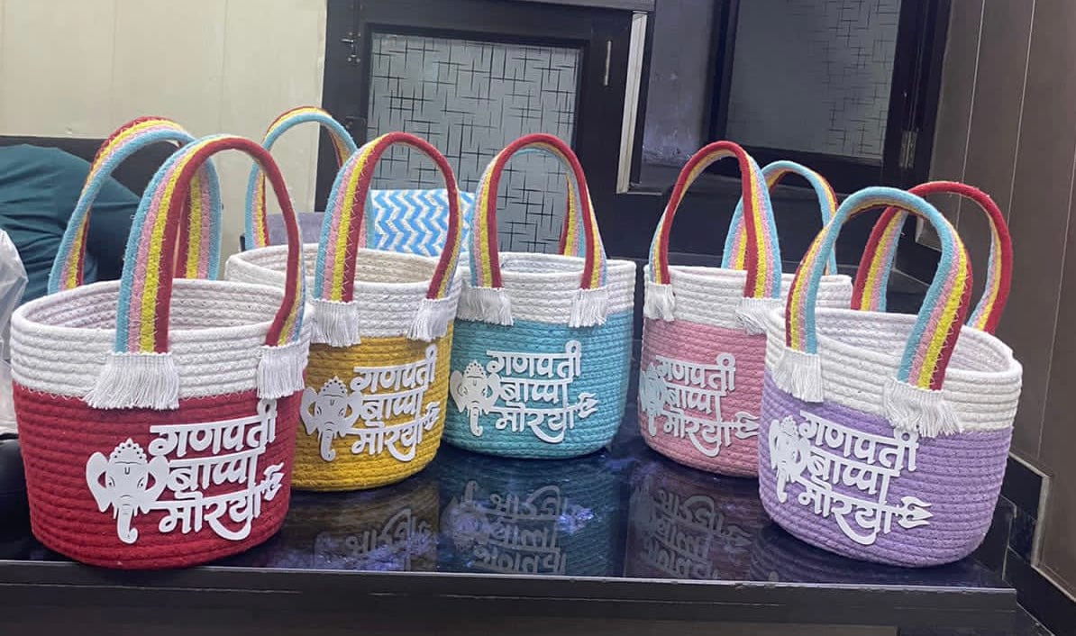 250 rs each on buying 15+ pcs /WhatsApp at 8619550223 to order 🔥 ganesh ji hampers Gift Hamper baskets for Ganesh Chaturthi 🕉️ / Ganpati bappa morya Rope jute baskets for wedding favours 🎁