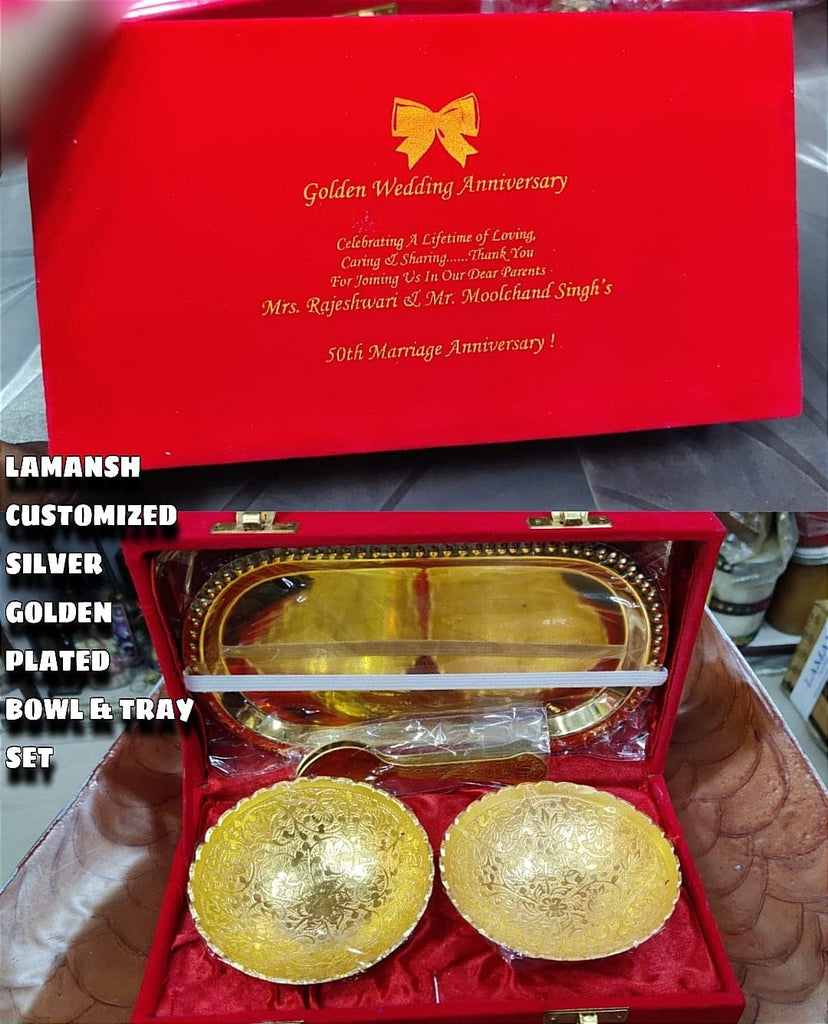 250 rs per set on buying 50 qty call at 8619550223 silver bowl sets lamansh customized name german silver golden plated bowl tray set for return gifts bowl set with personalized