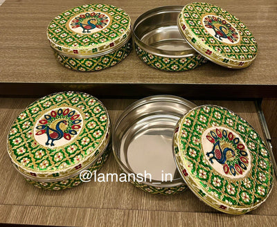 325 rs each on buying 15+ pcs / WhatsApp at 8619550223 to order 🔥 steel gift box 1 LAMANSH Peacock 🦚  meenakari work steel gift 🎁 boxes for weddings, pooja ceremony, Ganesh Chaturthi & Diwali return gifts (8 inch width)