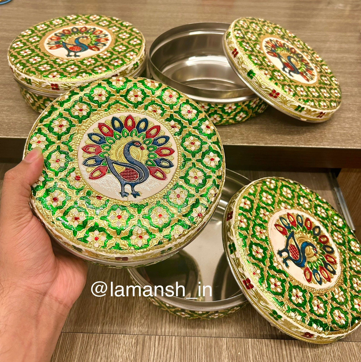 325 rs each on buying 15+ pcs / WhatsApp at 8619550223 to order 🔥 steel gift box 1 LAMANSH Peacock 🦚  meenakari work steel gift 🎁 boxes for weddings, pooja ceremony, Ganesh Chaturthi & Diwali return gifts (8 inch width)