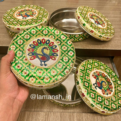 325 rs each on buying 15+ pcs / WhatsApp at 8619550223 to order 🔥 steel gift box 1 LAMANSH Peacock 🦚  meenakari work steel gift 🎁 boxes for weddings, pooja ceremony, Ganesh Chaturthi & Diwali return gifts (8 inch width)