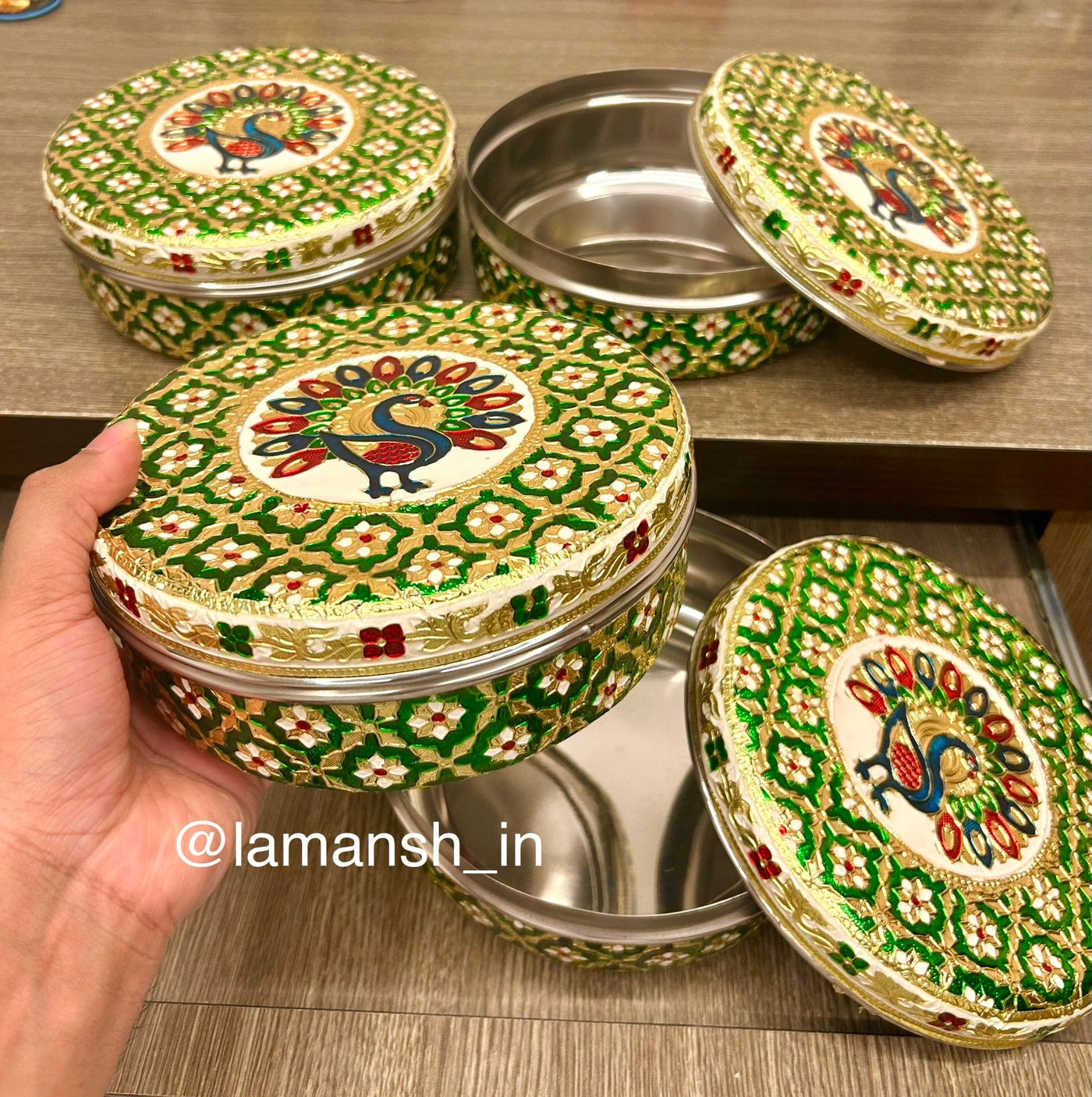 325 rs each on buying 15+ pcs / WhatsApp at 8619550223 to order 🔥 steel gift box 1 LAMANSH Peacock 🦚  meenakari work steel gift 🎁 boxes for weddings, pooja ceremony, Ganesh Chaturthi & Diwali return gifts (8 inch width)