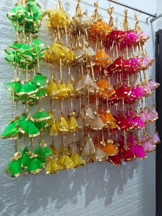 LAMANSH ( Pack of 10 ) 4 ft Net Hangings for Wedding Backdrops / Fabric Gota hangings for Haldi & Indian Wedding Event Decoration
