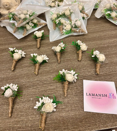 35 rs each on buying 100+ pcs / WhatsApp at 8619550223 to order 🏷️ Floral 🌺 Giveaways LAMANSH Designer Flower brooches boutonniere 🌸 for barati's guests welcome in weddings