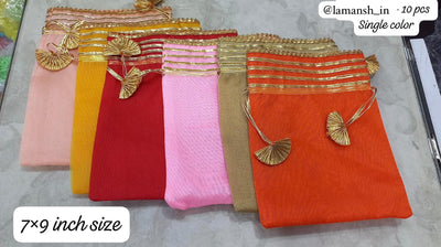 35 rs each on buying 100+ pcs / WhatsApp at 8619550223 to order 🏷️ Women's Potli Bag LAMANSH 7*9 inch Gota Organza plain Potli bags for Giveaways 🎁 & Favours / Shagun Pouch Return Gifts for Haldi mehendi roka wedding