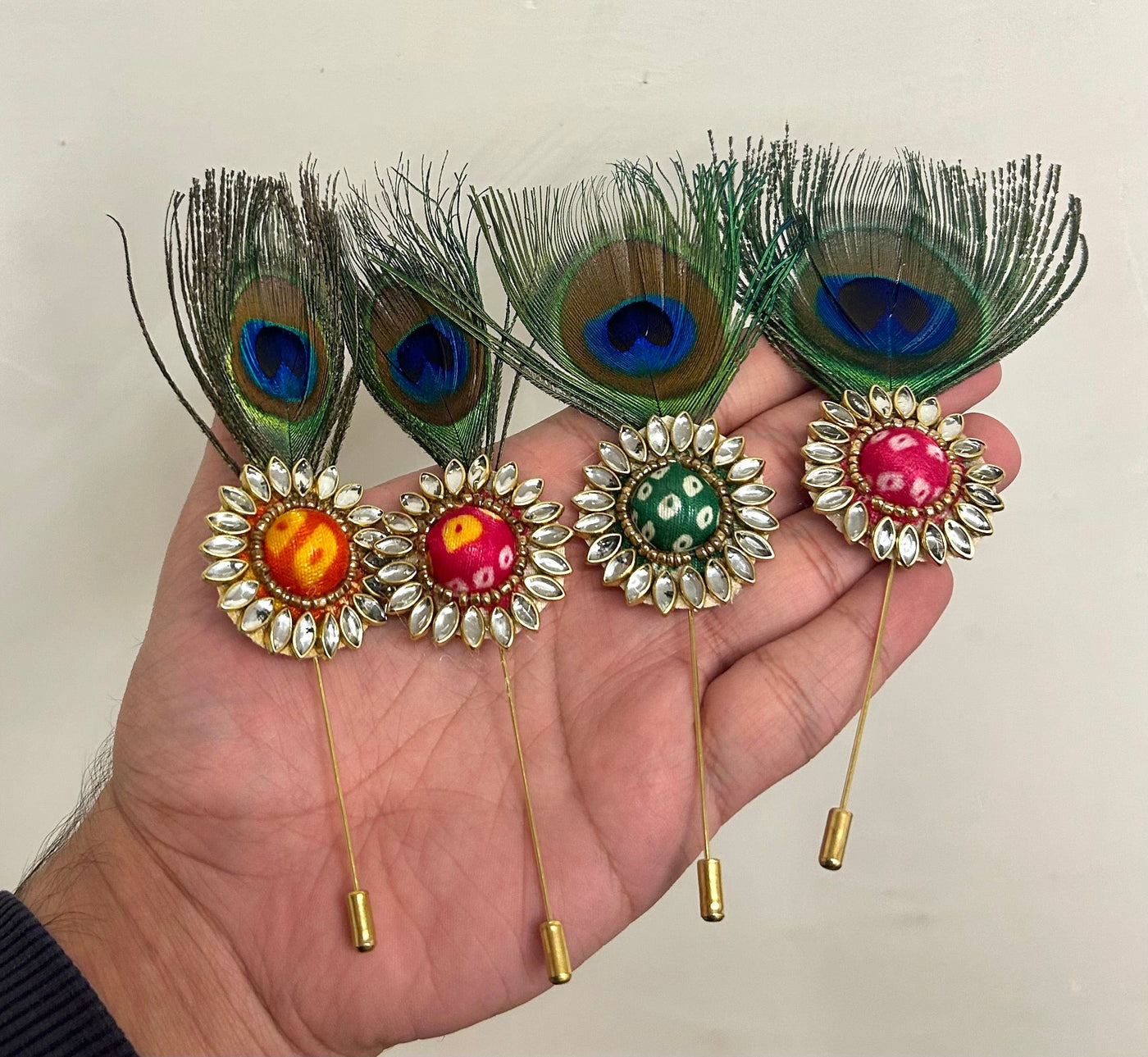 35 Rs each on buying 50+ pcs / WhatsApp at 8619550223 to order 🏷️ Broaches Kundan bandhani mor pankh brooches pins for welcoming guests / Barati swagat items for weddings , pooja ceremony