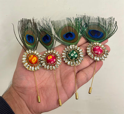 35 Rs each on buying 50+ pcs / WhatsApp at 8619550223 to order 🏷️ Broaches Kundan bandhani mor pankh brooches pins for welcoming guests / Barati swagat items for weddings , pooja ceremony