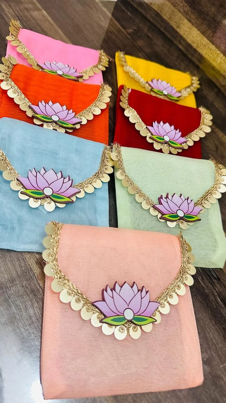 35 Rs each on buying 50+ pcs / WhatsApp at 8619550223 to order 🏷️ envelopes Organza Envelopes Pouch with lotus for giveaways and wedding favours 🎁 (4*4 inch)