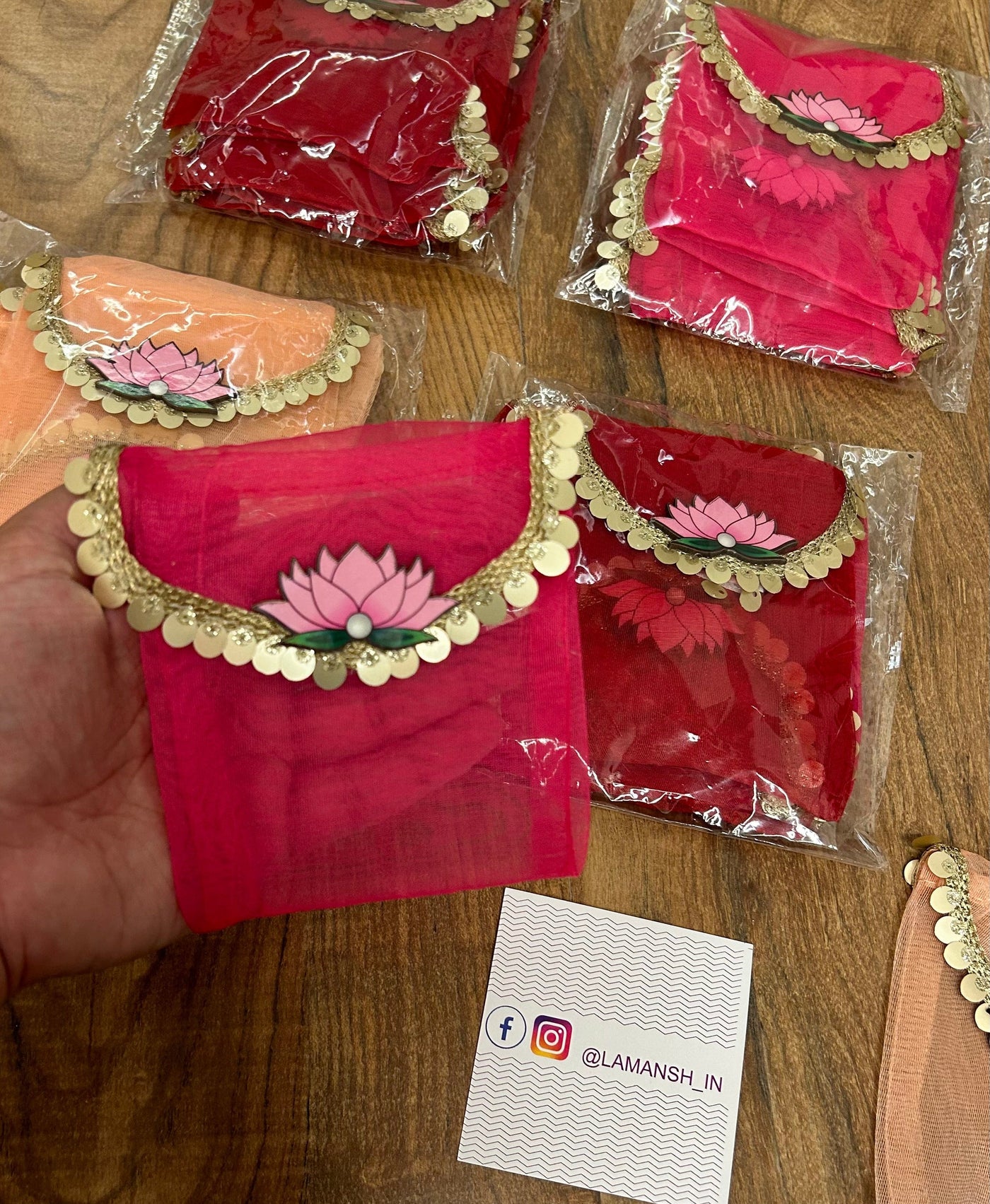 35 Rs each on buying 50+ pcs / WhatsApp at 8619550223 to order 🏷️ envelopes Organza Envelopes Pouch with lotus for giveaways and wedding favours 🎁 (4*4 inch)