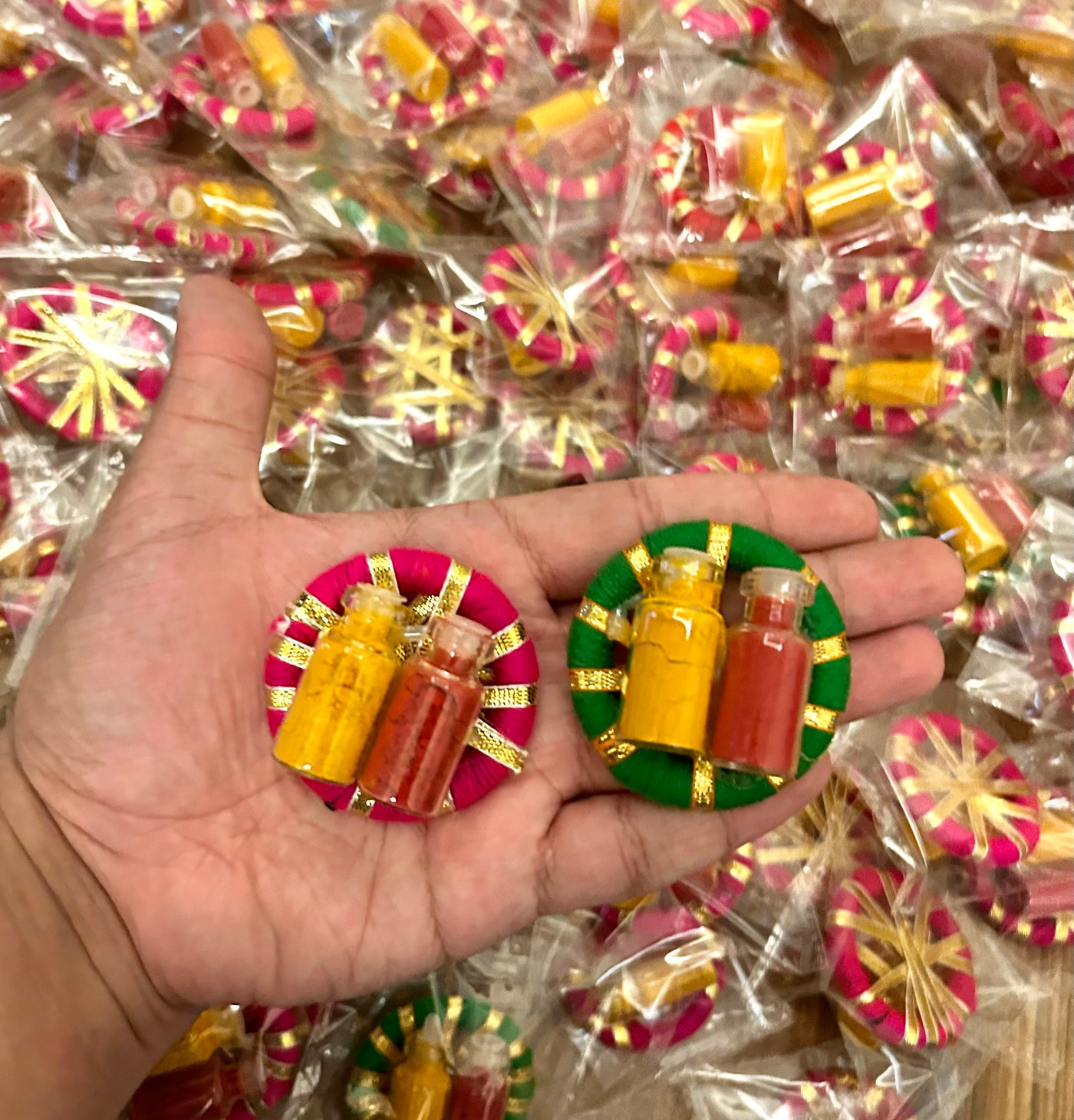 Haldi kumkum in glass bottles / Haldi kumkum platters on gota rings for festival, pooja or wedding favours 🎁