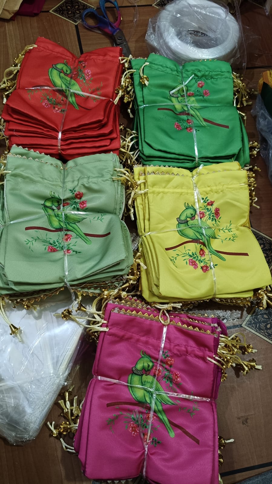 38 Rs each on buying 100+ pcs / WhatsApp at 8619550223 Women's Potli Bag 1 / Parrot Designer Printed Potli bags for Giveaways 🎁 & Favours / Shagun Pouch Return Gifts for Haldi mehendi roka wedding (7*9 inch)