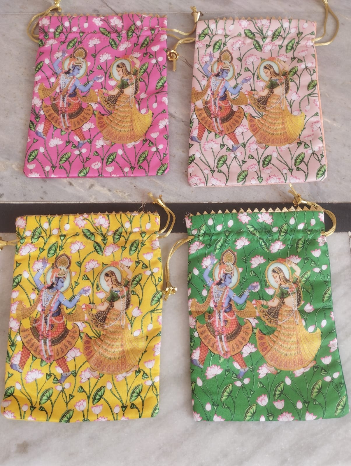 38 Rs each on buying 100+ pcs / WhatsApp at 8619550223 Women's Potli Bag 1 / Radha Krishna ji Designer Printed Potli bags for Giveaways 🎁 & Favours / Shagun Pouch Return Gifts for Haldi mehendi roka wedding (7*9 inch)