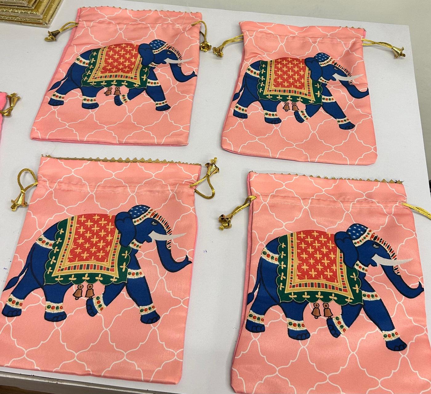 38 Rs each on buying 100+ pcs / WhatsApp at 8619550223 Women's Potli Bag 10 / Elephant Designer Printed Potli bags for Giveaways 🎁 & Favours / Shagun Pouch Return Gifts for Haldi mehendi roka wedding (7*9 inch)