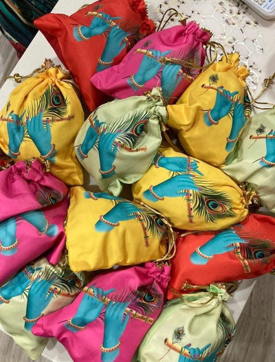 38 Rs each on buying 100+ pcs / WhatsApp at 8619550223 Women's Potli Bag Kanha ji playing bansuri Print Potli bags for Janmashtami Giveaways 🎁 & Favours / Shagun Pouch Return Gifts for Haldi mehendi roka wedding (7*9 inch)