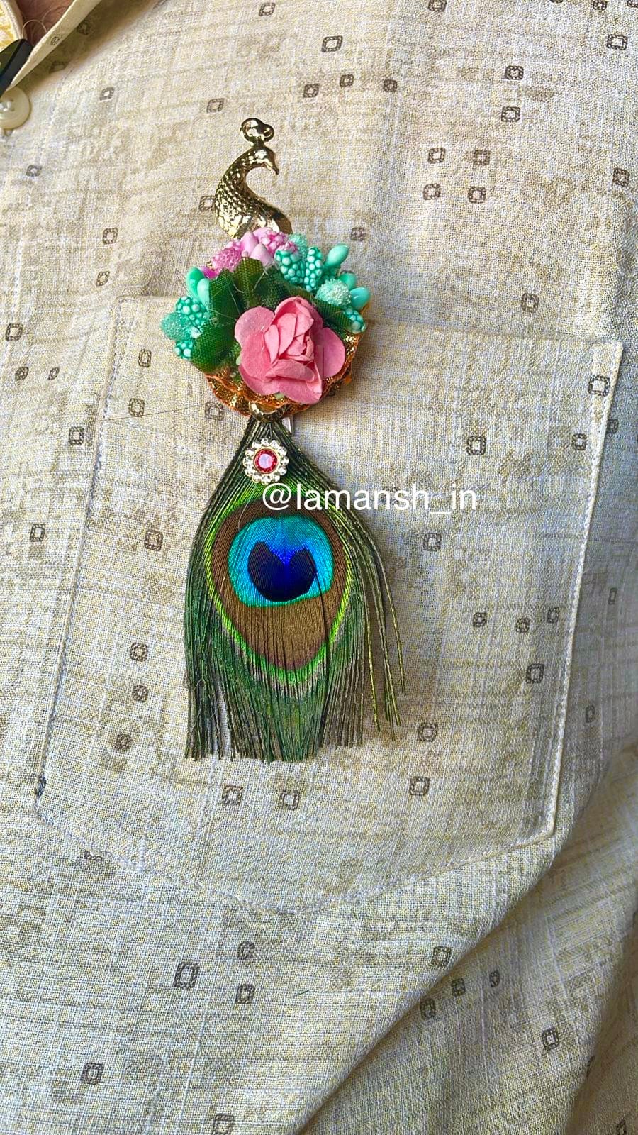 40 rs each on buying 100+pcs / WhatsApp at 8619550223 to order 🔥 Floral 🌺 brooches 1 LAMANSH Floral Brooches with Mor pankh Feather / Bridesmaid Giveaways Favours ✨ for haldi mehendi sangeet
