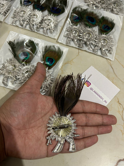 40 rs each on buying 50+ pcs / WhatsApp at 8619550223 to order Broaches LAMANSH Metal Designer bansuri brooches with mor pankh 🦚 / Welcome gifts for barati's and guests in weddings and hotels resorts or destination weddings