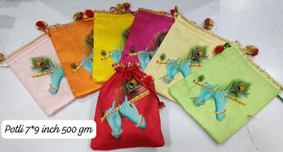 45 Rs each on buying 100+ pcs / WhatsApp at 8619550223 Women's Potli Bag Bansuri print potli bags for Diwali, Navratri, wedding or festival return gifts (7*9 inch)