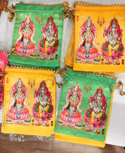 45 Rs each on buying 100+ pcs / WhatsApp at 8619550223 Women's Potli Bag Laxmi ganesh ji print potli bags for Diwali, Navratri, wedding or festival return gifts (7*9 inch)